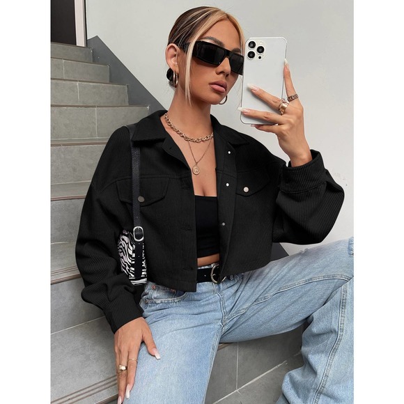 Minimalist Drop Shoulder Crop Corduroy Jacket shacket coat - Picture 5 of 11